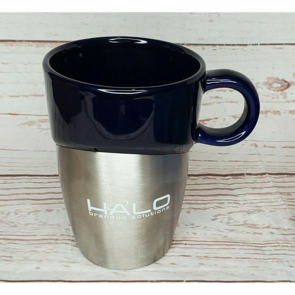 Rare Halo Branded Solutions Leeds ASI Silver Metal Half Glass Blue Mug 66887